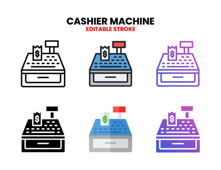 Cashier Machine icon set style ouline, glyph, flat color and gradient. Editable Stroke and pixel perfect. Vector Illustration for Graphic Design Element. Isolated on white backgroundのイラスト素材