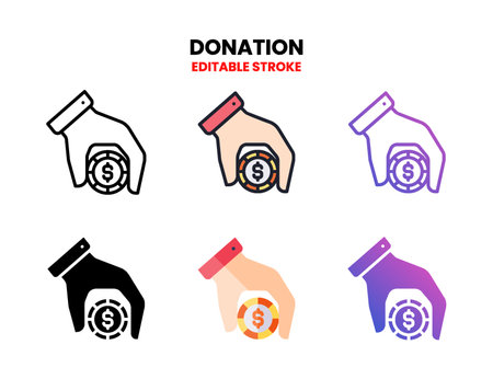 Donation icon set style ouline, glyph, flat color and gradient. Editable Stroke and pixel perfect. Vector Illustration for Graphic Design Element. Isolated on white backgroundのイラスト素材