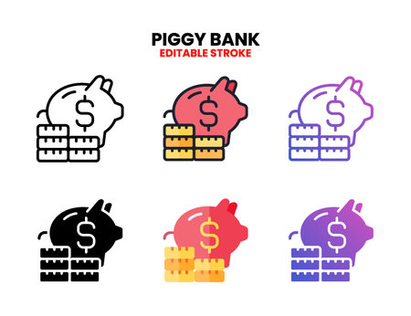 Piggy Bank icon set style ouline, glyph, flat color and gradient. Editable Stroke and pixel perfect. Vector Illustration for Graphic Design Element. Isolated on white backgroundのイラスト素材