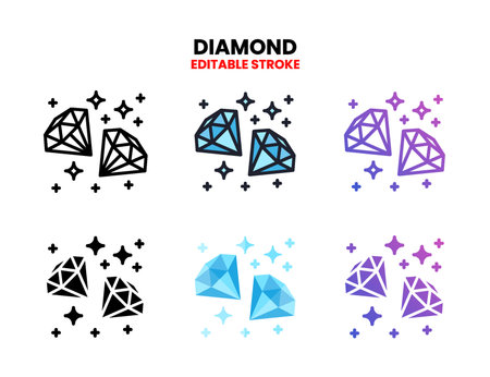 Diamond icon set style ouline, glyph, flat color and gradient. Editable Stroke and pixel perfect. Vector Illustration for Graphic Design Element. Isolated on white backgroundのイラスト素材