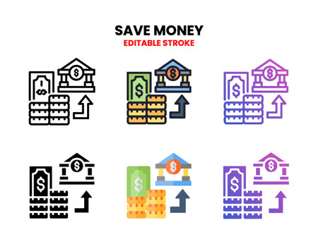 Save Money icon set style ouline, glyph, flat color and gradient. Editable Stroke and pixel perfect. Vector Illustration for Graphic Design Element. Isolated on white backgroundのイラスト素材