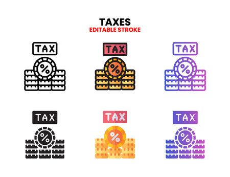 Taxes icon set style ouline, glyph, flat color and gradient. Editable Stroke and pixel perfect. Vector Illustration for Graphic Design Element. Isolated on white backgroundのイラスト素材