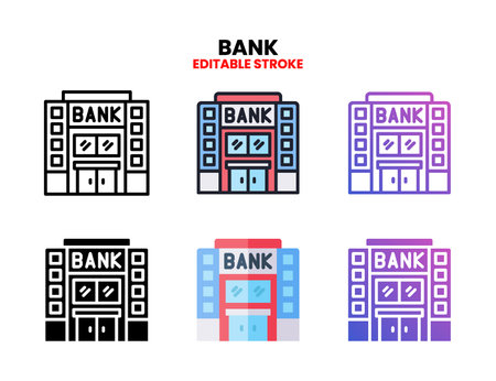 Bank icon set style ouline, glyph, flat color and gradient. Editable Stroke and pixel perfect. Vector Illustration for Graphic Design Element. Isolated on white backgroundのイラスト素材