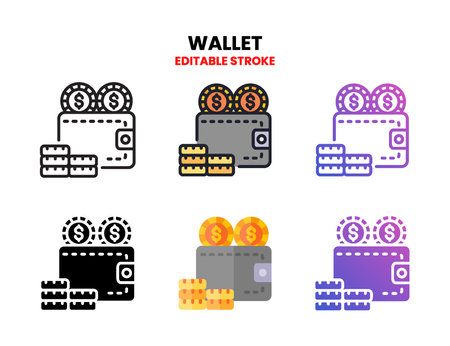 Wallet icon set style ouline, glyph, flat color and gradient. Editable Stroke and pixel perfect. Vector Illustration for Graphic Design Element. Isolated on white backgroundのイラスト素材