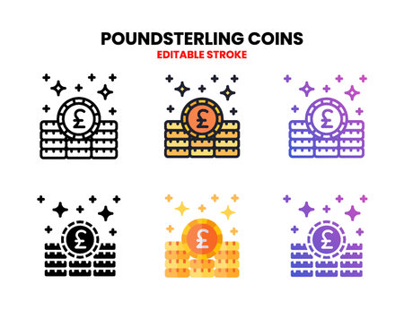Poundsterling Coins icon set style ouline, glyph, flat color and gradient. Editable Stroke and pixel perfect. Vector Illustration for Graphic Design Element. Isolated on white backgroundのイラスト素材