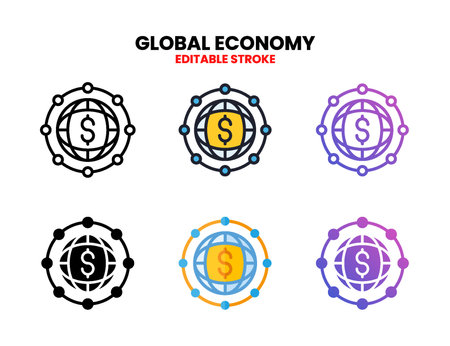 Global Economy icon set style ouline, glyph, flat color and gradient. Editable Stroke and pixel perfect. Vector Illustration for Graphic Design Element. Isolated on white backgroundのイラスト素材
