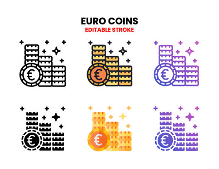 Euro Coins icon set style ouline, glyph, flat color and gradient. Editable Stroke and pixel perfect. Vector Illustration for Graphic Design Element. Isolated on white backgroundのイラスト素材