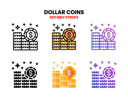 Dollar Coins icon set style ouline, glyph, flat color and gradient. Editable Stroke and pixel perfect. Vector Illustration for Graphic Design Element. Isolated on white backgroundのイラスト素材