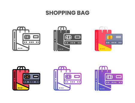 Credit Card Shopping Bag icon set style ouline, glyph, flat color and gradient. Vector Illustration for Graphic Design Element. Isolated on white backgroundのイラスト素材
