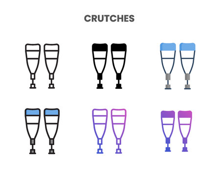 Crutches icons vector illustration set line, flat, glyph, line color gradient. Great for web, app, presentation and more.のイラスト素材