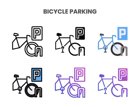 Bicycle Parking icons vector illustration set line, flat, glyph, outline color gradient. Great for web, app, presentation and more. Editable stroke and pixel perfect.のイラスト素材