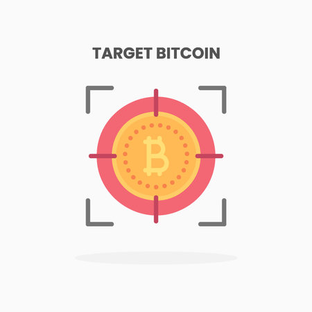 Target bitcoin icon flat. Vector illustration on white background. Can used for web, app, digital product, presentation, UI and many more.のイラスト素材