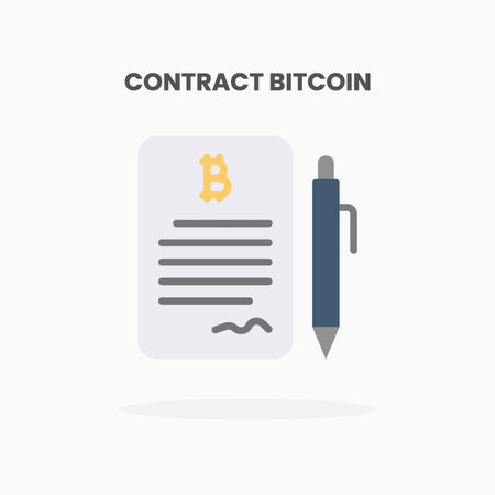 Contract bitcoin paper pen signature icon flat. Vector illustration on white background. Can used for web, app, digital product, presentation, UI and many more.のイラスト素材