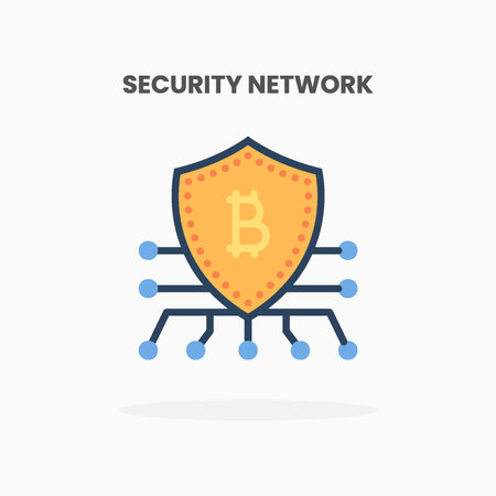 Security network bitcoin with shield icon flat. Vector illustration on white background. Can used for web, app, digital product, presentation, UI and many more.のイラスト素材