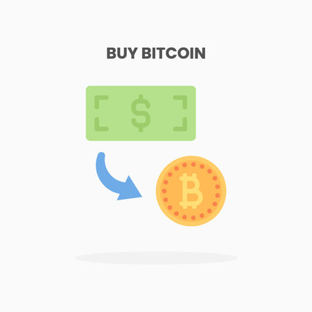 Buy Bitcoin icon flat. Vector illustration on white background. Can used for web, app, digital product, presentation, UI and many more.のイラスト素材