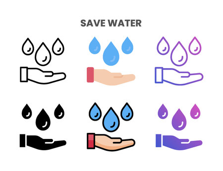 Save Water icons vector illustration set line, flat, glyph, outline color gradient. Great for web, app, presentation and more. Editable stroke and pixel perfect.のイラスト素材