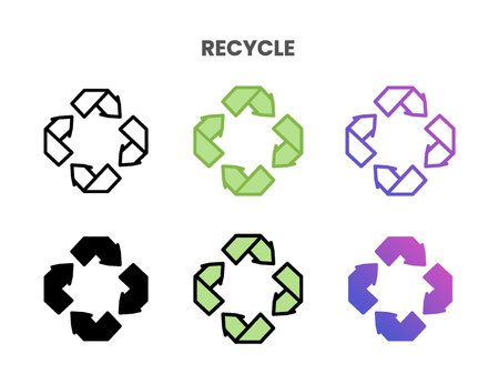 Recycle icons vector illustration set line, flat, glyph, outline color gradient. Great for web, app, presentation and more. Editable stroke and pixel perfect.のイラスト素材