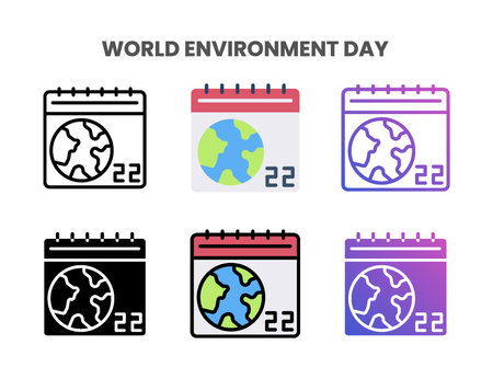 World Environment Day Calendar icons vector illustration set line, flat, glyph, outline color gradient. Great for web, app, presentation and more. Editable stroke and pixel perfect.のイラスト素材