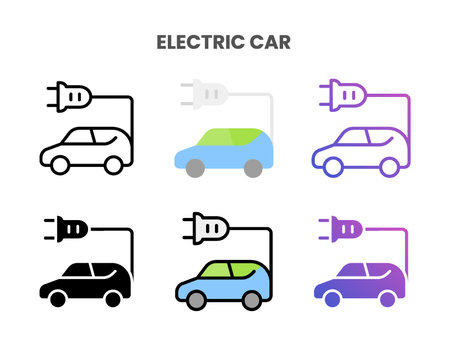 Electric Car icons vector illustration set line, flat, glyph, outline color gradient. Great for web, app, presentation and more. Editable stroke and pixel perfect.のイラスト素材
