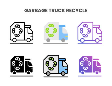 Garbage Truck Recycle icons vector illustration set line, flat, glyph, outline color gradient. Great for web, app, presentation and more. Editable stroke and pixel perfect.のイラスト素材