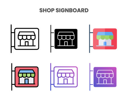 Shop Signboard icons vector illustration set line, flat, glyph, outline color gradient. Great for web, app, presentation and more. Editable stroke and pixel perfect.のイラスト素材