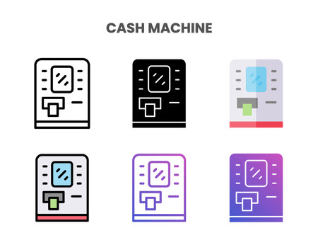 Cash Machine icons vector illustration set line, flat, glyph, outline color gradient. Great for web, app, presentation and more. Editable stroke and pixel perfect.のイラスト素材