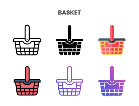 Basket icons vector illustration set line, flat, glyph, outline color gradient. Great for web, app, presentation and more. Editable stroke and pixel perfect.のイラスト素材