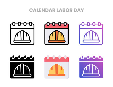 Calendar Labor Day icons vector illustration set line, flat, glyph, outline color gradient. Great for web, app, presentation and more. Editable stroke and pixel perfect.のイラスト素材
