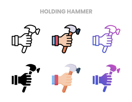 Holding Hammer icons vector illustration set line, flat, glyph, outline color gradient. Great for web, app, presentation and more. Editable stroke and pixel perfect.のイラスト素材