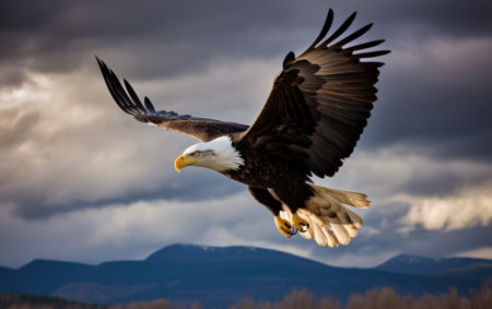 Bald eagle soaring in the sky with wings spread wide. The background is mountain. Generative AIの素材