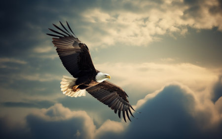 Bald eagle soaring in the sky with wings spread wide. The background is cloud. Generative AIの素材