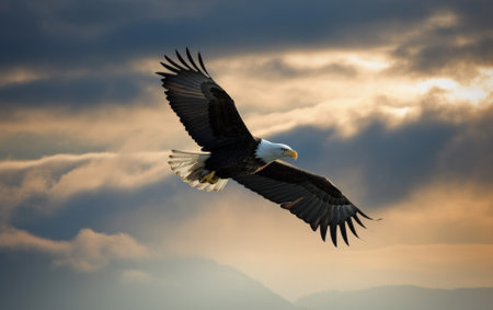 Bald eagle soaring in the sky with wings spread wide. The background is cloud. Generative AIの素材