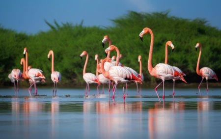 Flock of flamingos in the water. Generative AIの素材