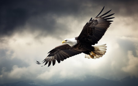 Bald eagle soaring in the sky with wings spread wide. The background is cloud. Generative AIの素材