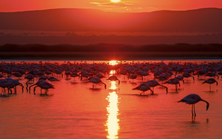 Flocks of flamingos in the sunrise. Generative AIの素材