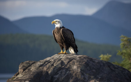 Bald Eagle perched a top rocky cliff with mountain background. Generative AIの素材