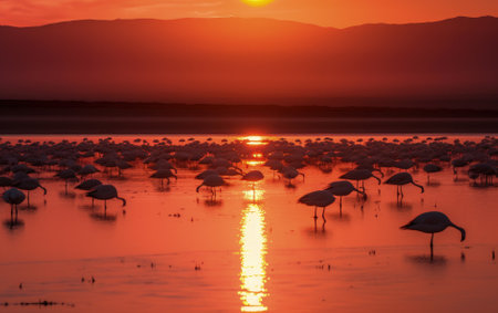 Flocks of flamingos in the sunrise. Generative AIの素材