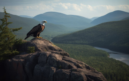 Bald Eagle sitting on top of a rock in the mountains.の素材