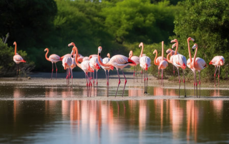 Flock of flamingos in the water. Generative AIの素材