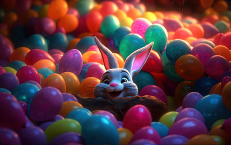 Easter bunny with colorful balloons on bokeh background Generative AIの素材