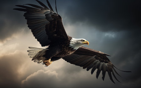 Bald Eagle in flight with stormy skyの素材