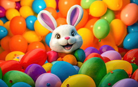 Easter bunny on a background of colorful balloons. Generative AIの素材
