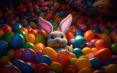 Easter bunny and colorful balloons background Generative AIの素材
