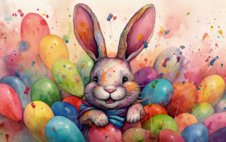 Watercolor painting of a cute Easter bunny with colorful balloon and feathers Generative AIの素材