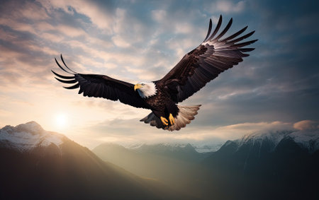 Bald Eagle in flight over the mountainsの素材