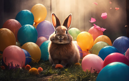 Rabbit sitting on grass with colorful balloons and confetti in backgroundの素材