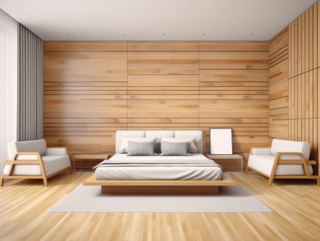 Bedroom interior with two armchair and wooden walls, wooden floor, comfortable king size bed and two armchairs. 3d renderingの写真素材