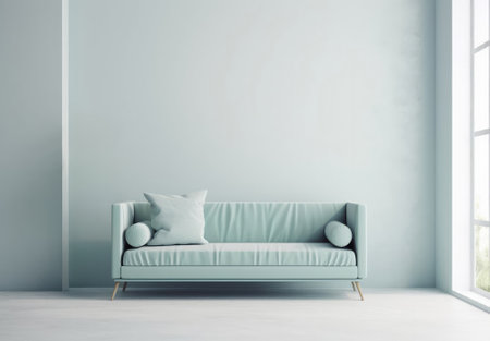 Green minimalist living room interior with sofa large walll, green landscape in window. 3D renderの写真素材