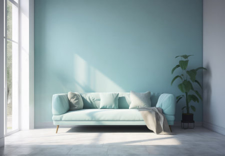White modern room with sofa plant and wall space. Scandinavian interior design. 3D Renderの写真素材