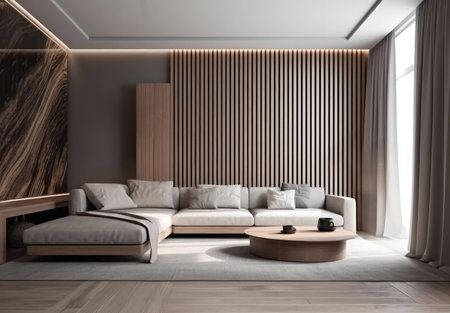 Large sofa in clean living room interior with wooden wall and marble sidewall. Home and lifestyle concept. 3D Renderingの写真素材